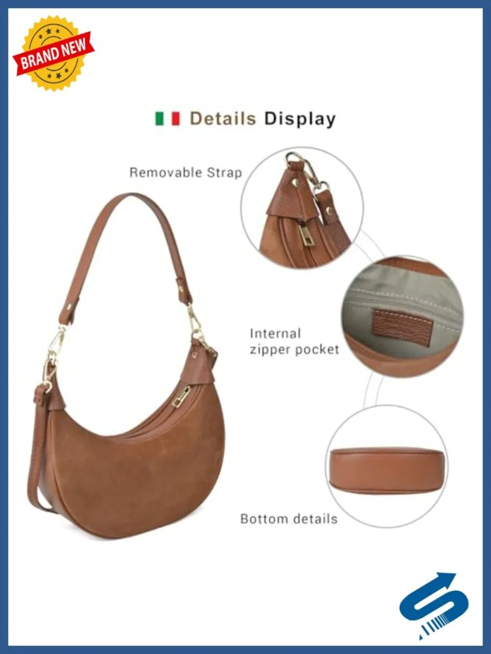 Genuine Leather Crescent Hobo Bag Crossbody Purse Made in Italy with 2 Straps